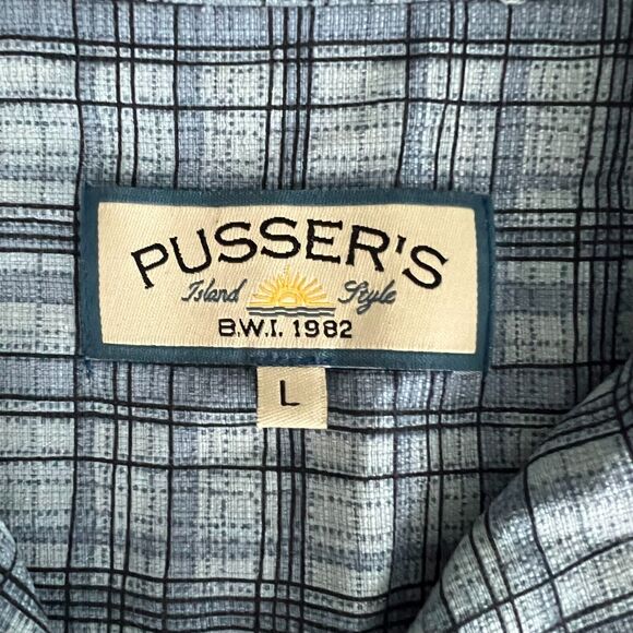 Pussers Island Reserve Shirt Mens Large Aqua Blue Stitched Plaid Silk Camp SS - Picture 3 of 11